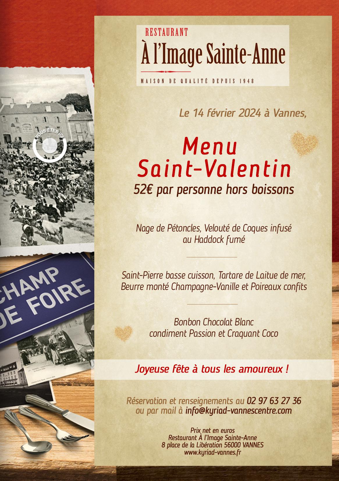Menu Saint Valentin restaurant Vannes centre Golfe du Morbihan repas à deux